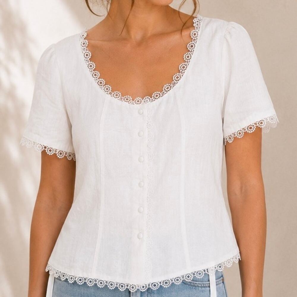 CUPCAKES AND CASHMERE | White Linen Lace Trim Button Front Top | XS